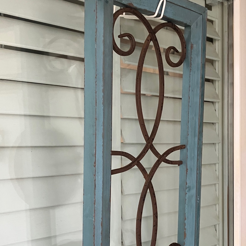 Rustic Blue Wood Frame With Brown Metal Design With Metal Candle Holder - Picture 3 of 10